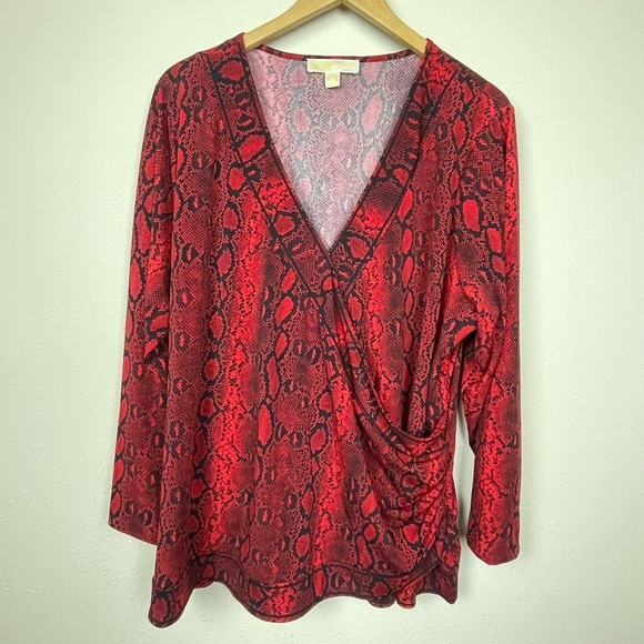 Michael Kors Red Black Snake Print Surplice Top 2X Workwear Stretch - Picture 1 of 6
